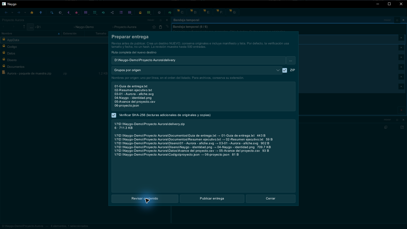 Asistente de entrega ZIP con revisión de contenido y SHA-256 activado.