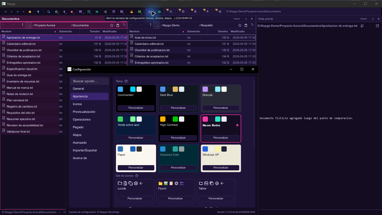 Configuración de apariencia con nueve temas y sets de iconos de Naygo.